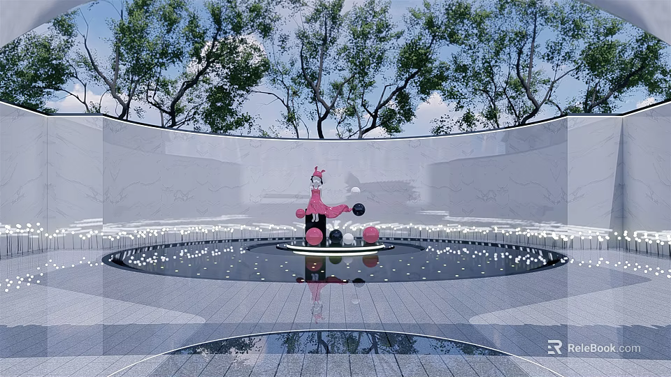 Pink Outdoor Sculpture In Circular Pool Center With Trees Background And Water Reflection 3d model 