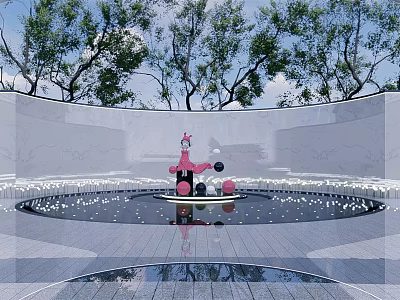 Pink Outdoor Sculpture In Circular Pool Center With Trees Background And Water Reflection 3d model