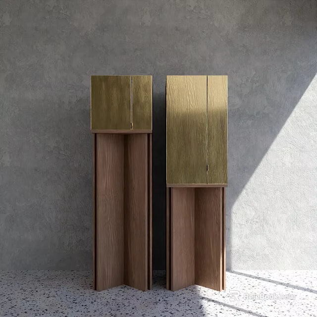 Modern Decorative Cabinets With Golden Upper Panels And Wooden Lower Structure Against Gray Wall 3d model 