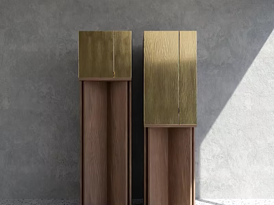 Modern Decorative Cabinets With Golden Upper Panels And Wooden Lower Structure Against Gray Wall 3d model