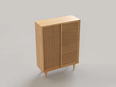 Minimalist Modern Light Wood Wardrobe with Louvered Doors and Slim Legs Structure 3d model