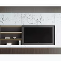 Modern TV Background Wall With Marble Texture Built-in TV And Floating Shelves