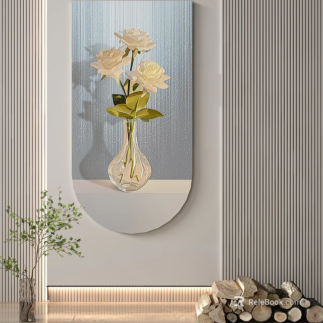 Oval Mirror With White Roses In Glass Vase On Gray Wall With Striped Decor 3d model 
