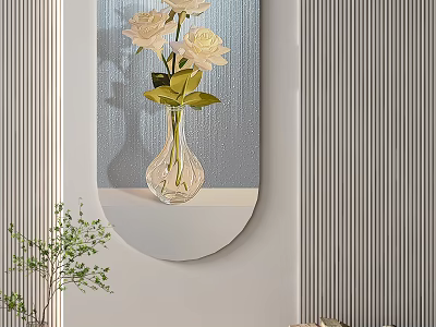 Oval Mirror With White Roses In Glass Vase On Gray Wall With Striped Decor 3d model