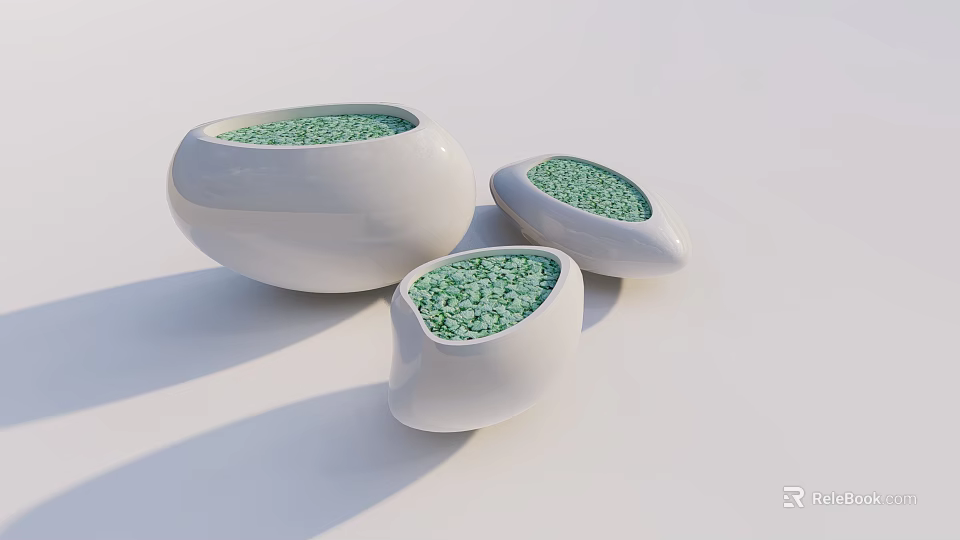 White Ceramic Flower Pots With Modern Irregular Shape And Green Pebbles Inside 3d model