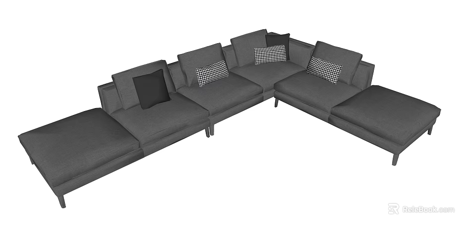 Modern Gray Sectional Sofa with Plaid and Solid Cushions for Living Room 3d model