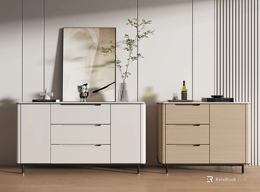 Modern Entryway Cabinet and Side Cabinet with White Light Wood Design and Decorative Vase 3d model 