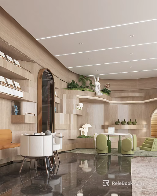 Hotel Lobby Interior With Wooden Elements Green Plants And Modern Seating Design 3d model 