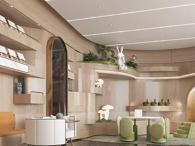 Hotel Lobby Interior With Wooden Elements Green Plants And Modern Seating Design 3d model