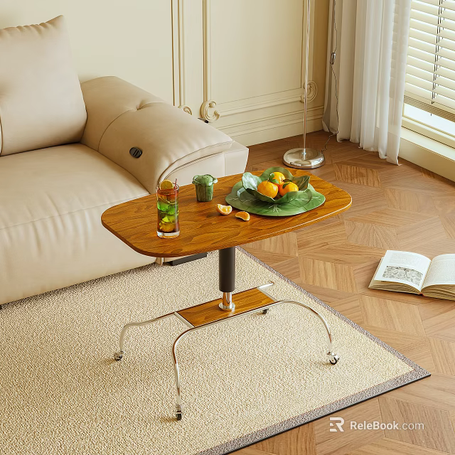 Wooden Top Side Table With Metal Base Wheels And Fruit Plate Drink Decor 3d model 