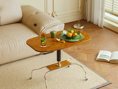 Wooden Top Side Table With Metal Base Wheels And Fruit Plate Drink Decor 3d model