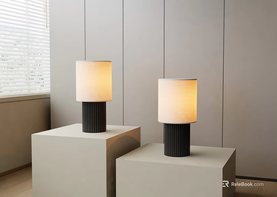 Two Modern Table Lamps With Black Bases And Cream Lampshades On White Cube Pedestals 3d model 