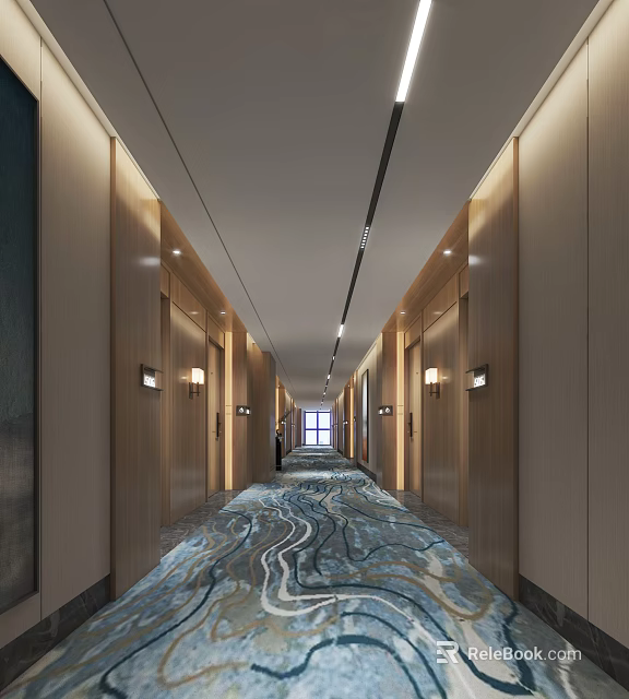 Modern Hotel Corridor Interior Design With Wooden Walls Recessed Lighting And Patterned Carpet 3d model 
