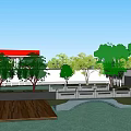 Modern Gas Station With Red Canopy Fuel Pumps Vehicles And Green Trees