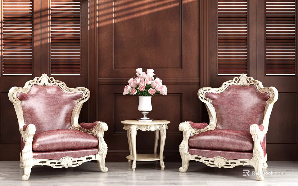 Leisure Sofa Set With Red Leather Carved White Frame And Small Table With Pink Flowers 3d model 