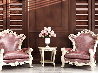 Leisure Sofa Set With Red Leather Carved White Frame And Small Table With Pink Flowers 3d model