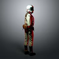 A Man Wearing White Helmet And Backpack With Uniform Standing Against Dark Background