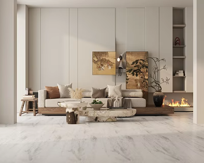 Modern Living Room Three Seater Sofa With Decorative Paintings And Fireplace 3d model