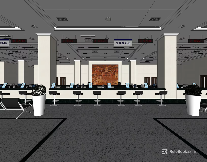 Spacious Administrative Service Hall Interior With Service Counters Computers And Waiting Chairs 3d model 