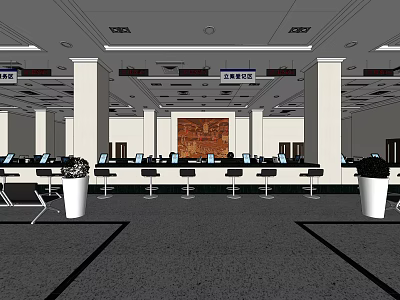 Spacious Administrative Service Hall Interior With Service Counters Computers And Waiting Chairs 3d model