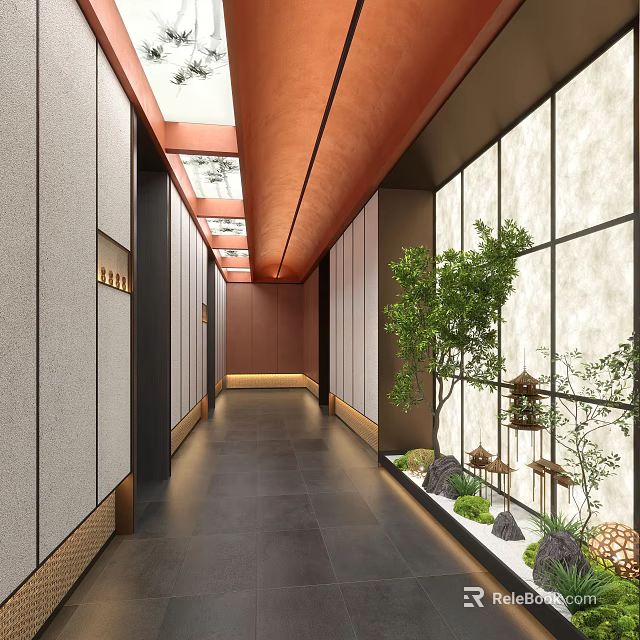 Modern Hotel Corridor Interior Design With Wooden Ceiling Green Plants And Warm Lighting 3d model 