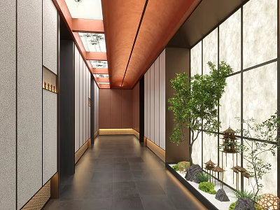 Modern Hotel Corridor Interior Design With Wooden Ceiling Green Plants And Warm Lighting 3d model