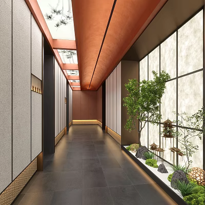 Modern Hotel Corridor Interior Design With Wooden Ceiling Green Plants And Warm Lighting 3d model