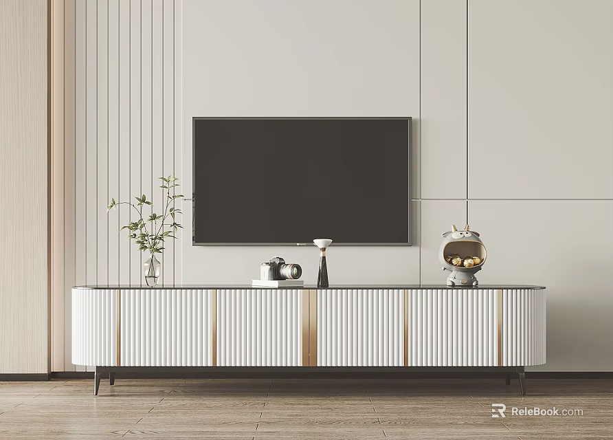 Modern White TV Stand With Gold Stripes And Wall Mounted TV Decorative Items 3d model 
