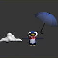 Cute Blue Penguin With Red White Scarf Holding Blue Umbrella Next To White Cloud