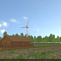 Wooden Cabin in Flower Field with Wind Turbines and Green Trees Under Blue Sky