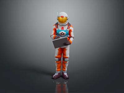 Game And Movie Character In Orange White Astronaut Style Spacesuit Holding Tablet 3d model