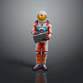 Game And Movie Character In Orange White Astronaut Style Spacesuit Holding Tablet