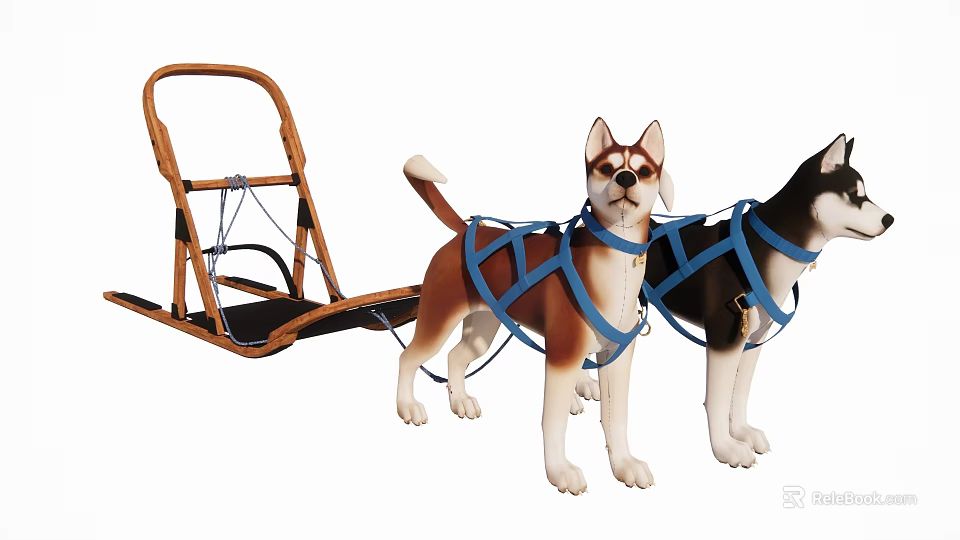 Toy Reptile Pulling Sleigh Model With Brown Sleigh And Blue Harness 3d model 