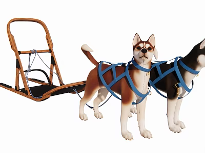 Toy Reptile Pulling Sleigh Model With Brown Sleigh And Blue Harness 3d model