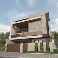 Modern Single Family Villa Exterior Design With Stone Wood Facade Balcony And Trees