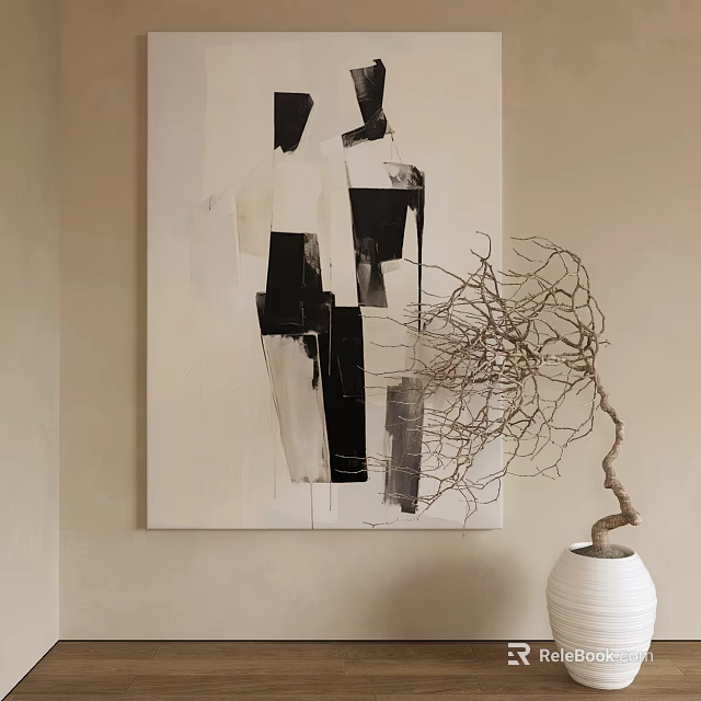 Modern Black And White Abstract Painting With Geometric Shapes Wall Decor And Twig Vase 3d model 