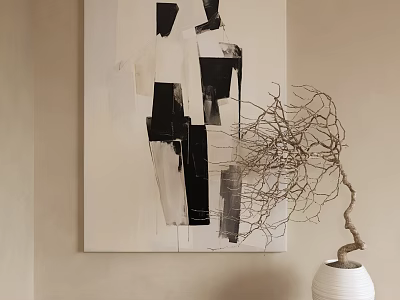 Modern Black And White Abstract Painting With Geometric Shapes Wall Decor And Twig Vase 3d model