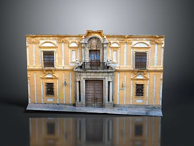 Yellow Classical Building With Decorative Facade Symmetrical Windows Ornate Main Door And Stone Architectural Details 3d model