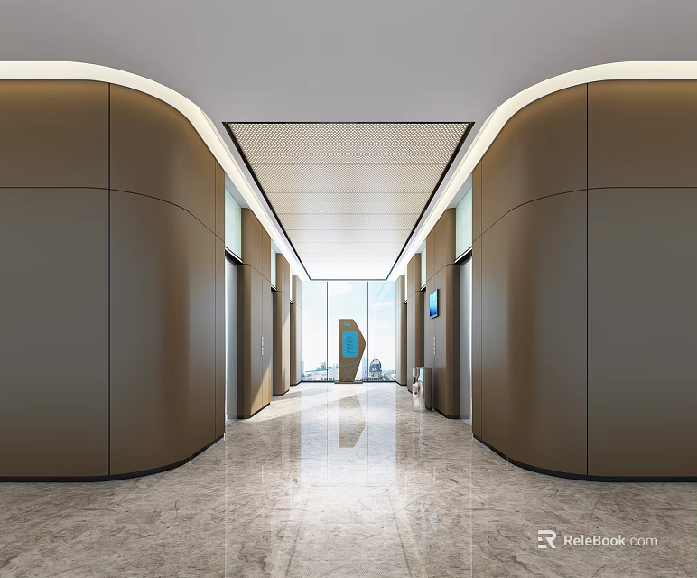 Modern Elevator Lobby Design With Curved Walls Marble Flooring And Recessed Lighting 3d model 