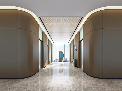 Modern Elevator Lobby Design With Curved Walls Marble Flooring And Recessed Lighting 3d model