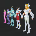 Five Colorful Armored Warrior Characters With Unique Helmets Standing In Row