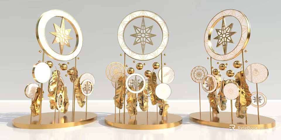 Golden Art Installations with Circular Rings Star Patterns Leaf and Sphere Decorations 3d model 