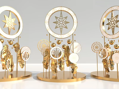Golden Art Installations with Circular Rings Star Patterns Leaf and Sphere Decorations 3d model