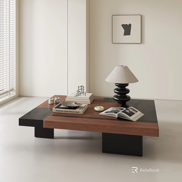 Modern Wooden Black Coffee Table With Open Books Table Lamp And Decorative Items 3d model 