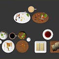 Assorted Delicious Breakfast Food With Toast Sandwiches Fried Eggs Fruit Platter Salad Coffee And Tea