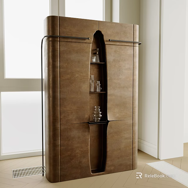 Modern Wooden Wine Cabinet With Glass Shelves And Wine Glasses 3d model 