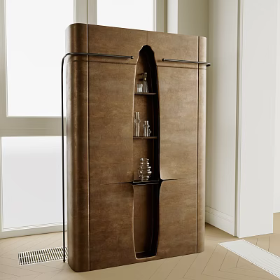 Modern Wooden Wine Cabinet With Glass Shelves And Wine Glasses 3d model