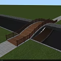 Wooden Bridge with Railing Connecting Green Lawn and Water Channel via Stone Path