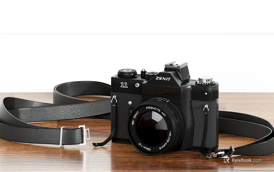 ZENIT Black Film Camera With Leather Strap Placed On Wooden Table Surface 3d model 