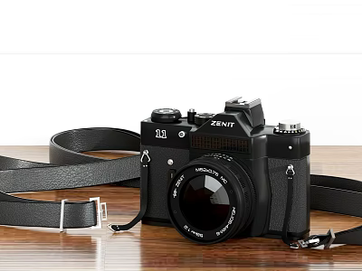 ZENIT Black Film Camera With Leather Strap Placed On Wooden Table Surface 3d model